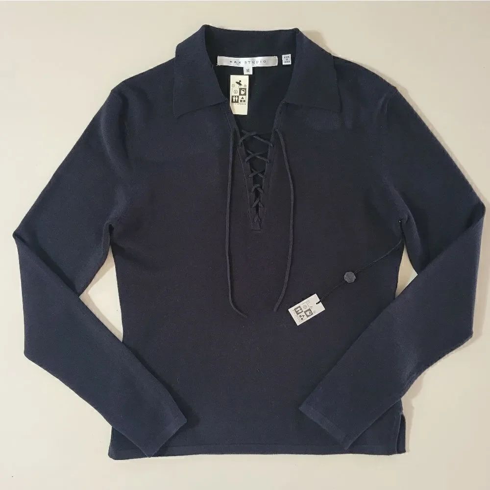 Max Studio Black Lace-up Collared Long Sleeve Pullover Sweater